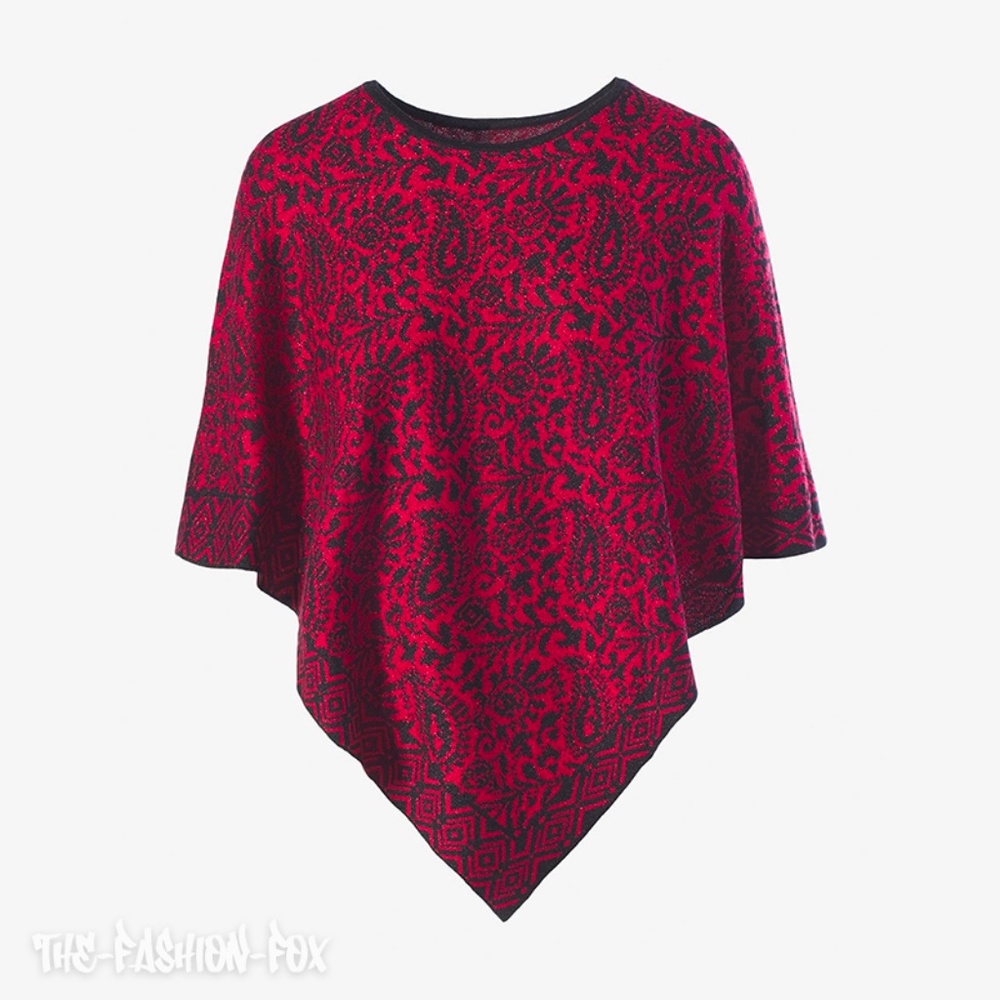 Chico's Knit Red Black Paisley Sparkle Triangle Poncho Shawl Sweater S/M NWT